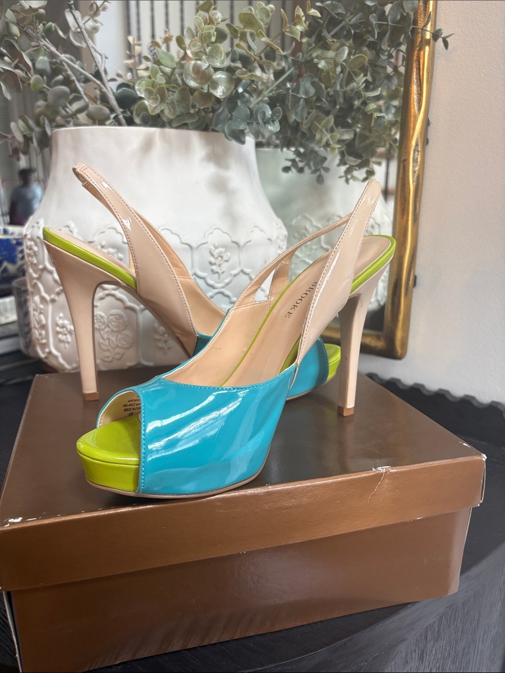 Audrey Brooke Teal Patent Peep-Toe Slingbacks with Lime Platform